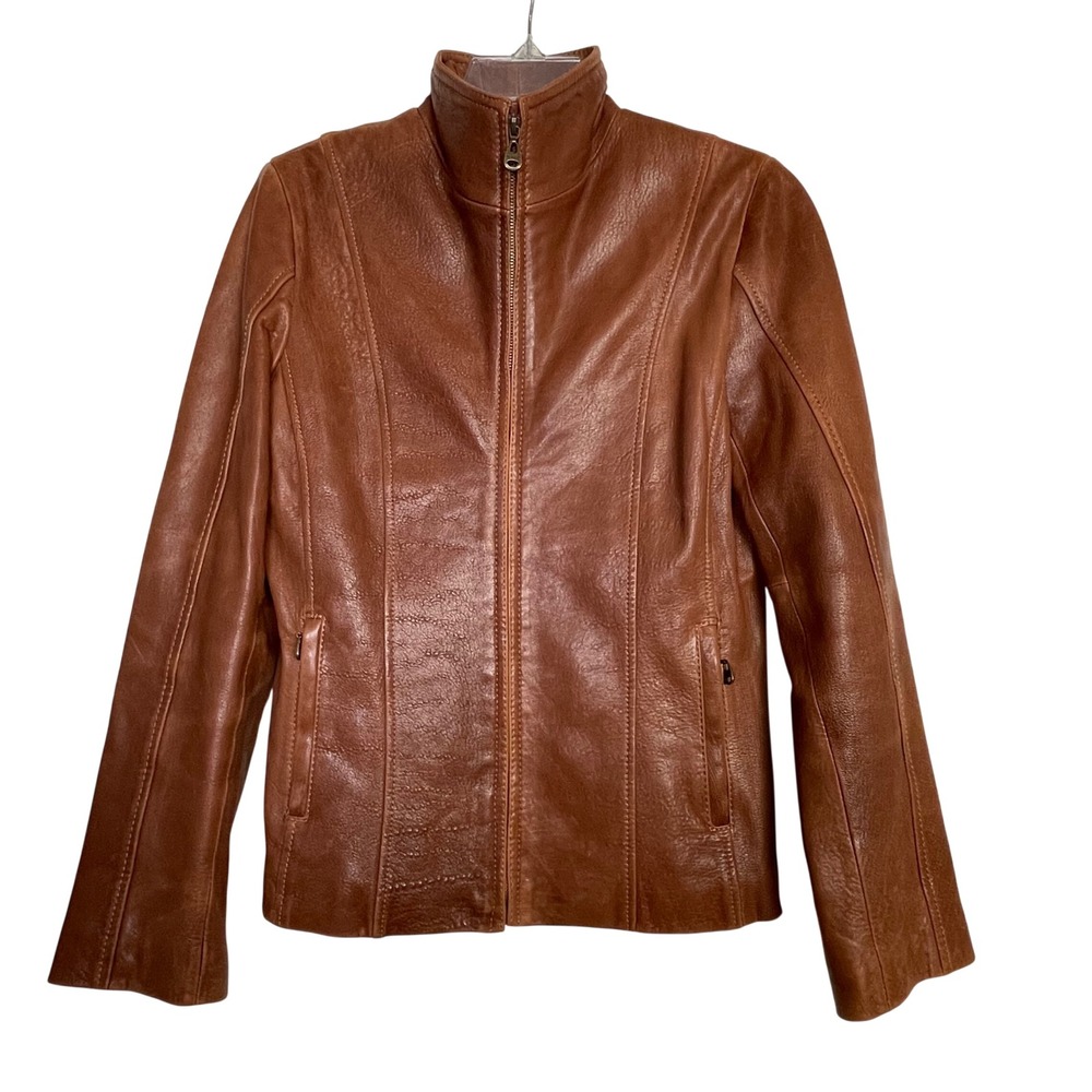 Marc New York Leather Jacket‎ Women S Saddle Brown Lambskin Zip Mock Neck